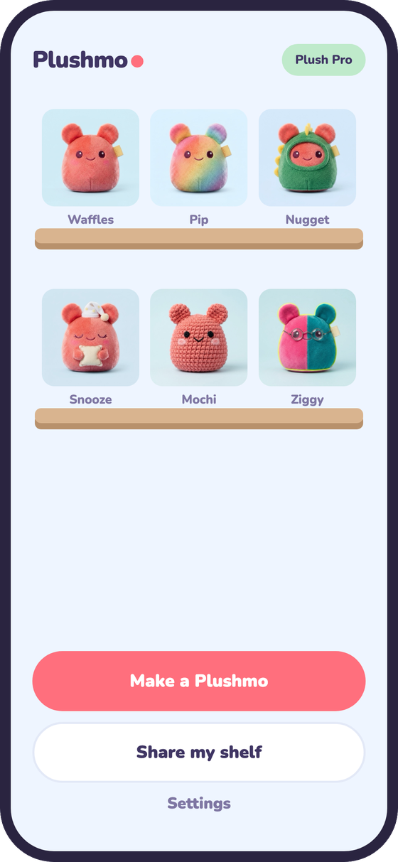 A wooden shelf holding a family of plushes